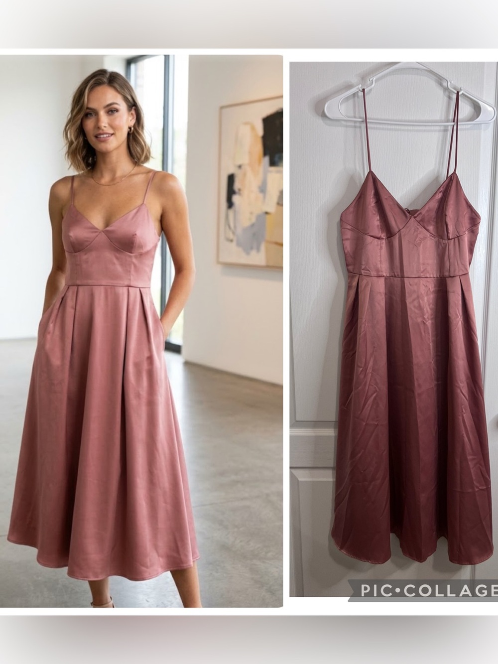 H&M Sleeveless Satin Spaghetti Strap Midi Dress Rose size 12